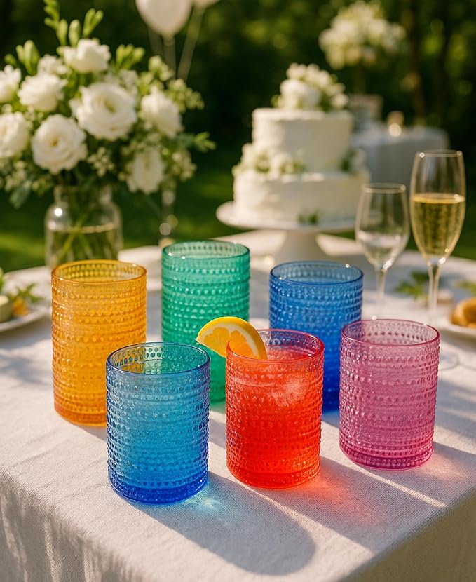 Khen Plastic Hobnail Drinking Highball Glasses Set of 6 Bright Tones Cups 14oz, Shatterproof & Unbreakable Acrylic Beaded Design, BPA-Free, Dishwasher Safe Indoor/Outdoor Drinkware Water, Cocktails