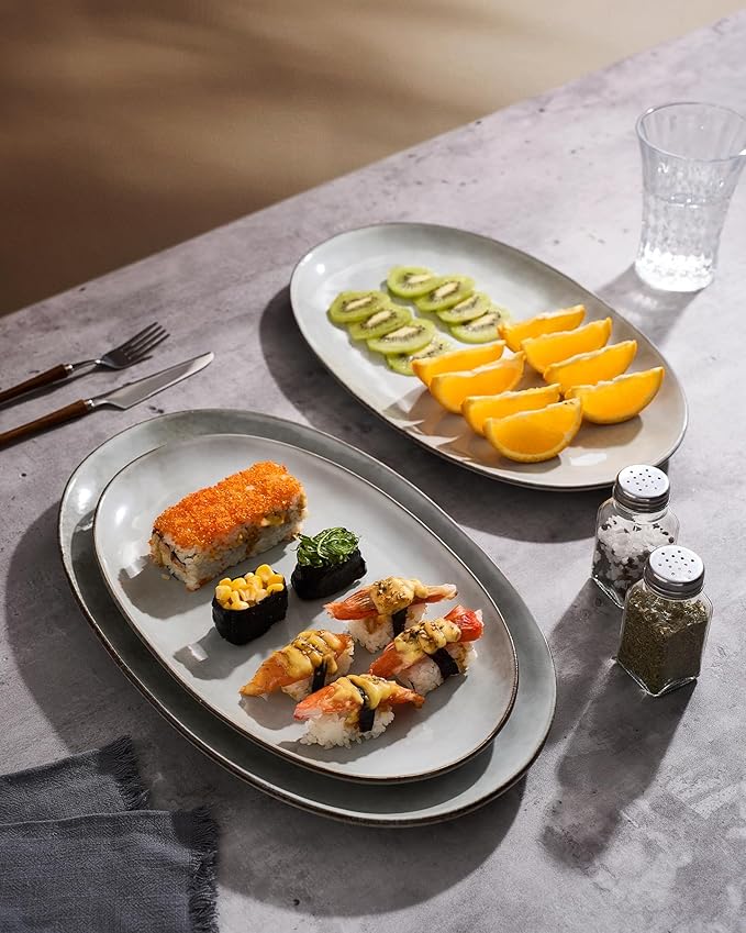famiware Serving Platter, Oval 15.59/14.3/12.9inch Serving Dishes for Entertaining, Serving Bowls, Reactive Glaze, Stoneware Serving Trays for Party, Food, Turkey, Cheese, Ocean Series, Grey