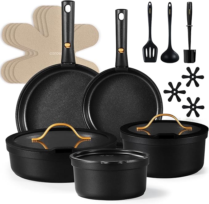 CAROTE 20pcs Pots and Pans Set Non Stick, Nonstick Cookware Set, Dishwasher/Oven/Fridge Safe Pots and Pans, Removable Handle RV Oven Safe Cookware, Induction Kitchen Set, Black