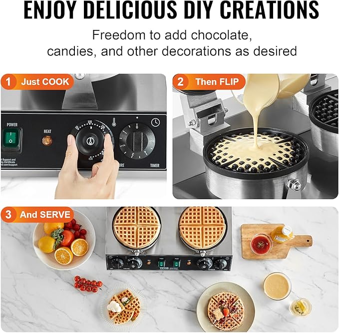 VEVOR Commercial Waffle Maker, Dual-Head Round Waffle Baker Machine, 2460W Non-Stick Stainless Steel Belgian Waffle Iron with Temp and Time Control, Handle, for Restaurant Bakery Snack Bar Family