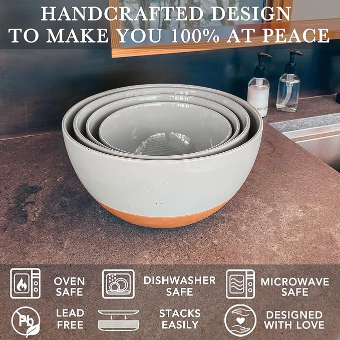 Mora Ceramic Large Mixing Bowls - Set of 2 Nesting Bowls for Cooking, Serving, Popcorn, Salad etc - Microwavable Kitchen Stoneware, Oven, Microwave and Dishwasher Safe - Extra Big 5.5 & 3.6 Qt - Grey