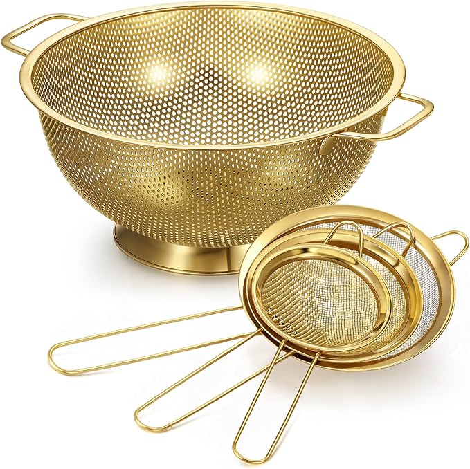 Norme 7 Quart Stainless Steel Gold Colander and 3 Pcs Gold Fine Mesh Strainer, Stainless Steel Pasta Rice Food Metal Strainer with Handles, Easy Clean and Dishwasher Safe