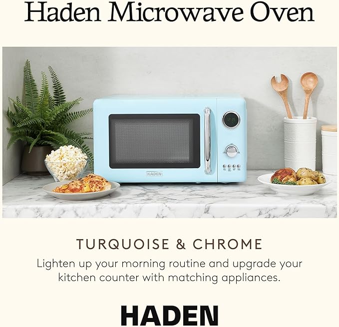 Haden 700 Watt 0.7 Cubic Foot Microwave Oven with Digital Controls, Defrost, and Instant Start Countertop Small Appliance, Turquoise/Chrome