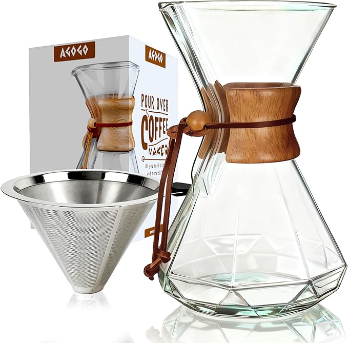 AGOGO Pour Over Coffee Maker Glass - Barista Kit with 304 Stainless Filter for Home, Office, Camping, Cafes - Easy Clean Coffee Dripper Set (Soft Towel&Brush) (34oz Diamond Design w/SS Filter)