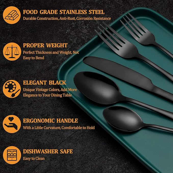 40 Pcs Black Silverware Set, Stainless Steel Flatware Set for 8, Food-Grade Cutlery Set, Mirror Polished Tableware Eating Utensils Set for Home Kitchen, Include Knife Fork Spoon Set, Dishwasher Safe