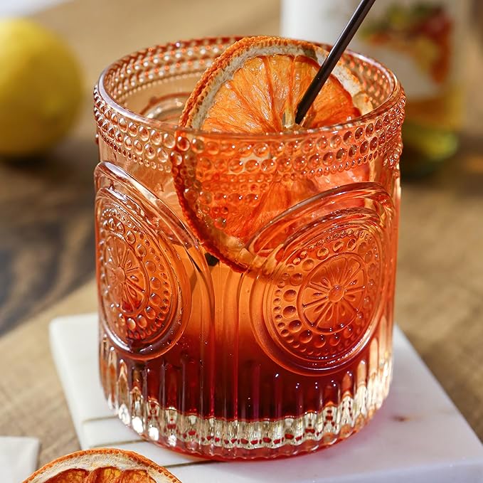 Ribbed Retro Arch Floral Rose Gold Drinking Glasses Set of 6, (10 oz) Vintage Glassware Set by Kate Aspen| Cocktail Glass Set, Juice Glass, Water Cups | Great Hostess Gift & Gift for New Home Owners