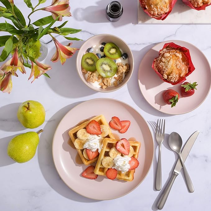 Gibson Home Rockaway 12-Piece Round Stoneware Dinnerware Set, Service for 4 – Pink Plates and Bowls, Modern Matte Finish, Microwave & Dishwasher Safe