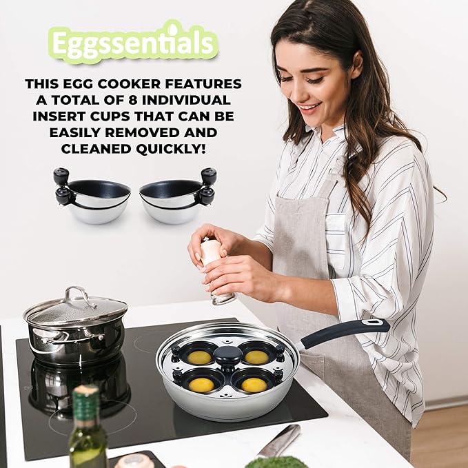 Eggssentials Egg Poacher Pan Nonstick Poached Egg Maker, Stainless Steel Egg Poaching Pan, Poached Eggs Cooker Food Grade Safe PFOA Free with Spatula