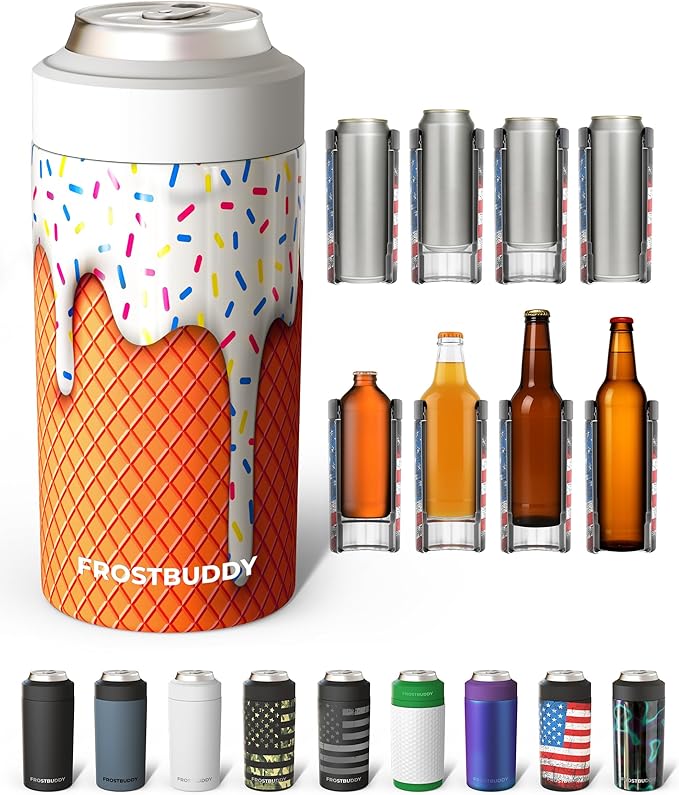 Frost Buddy Universal Can Cooler - Fits all - Stainless Steel Can Cooler for 12 oz & 16 oz Regular or Slim Cans & Bottles - Stainless Steel (Vanilla Ice Cream)