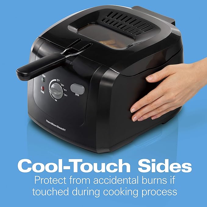 Hamilton Beach Cool Touch Electric Deep Fryer with Basket and Lid, 2 Liters / 8 Cups Oil Capacity, Adjustable Temperature, 1500 Watts for Fast Heat-up, viewing Window Easy to Clean, Black (35021)