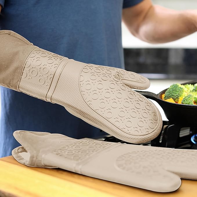 BPA-Free Silicone Oven Mitts Ultra Heat Resistant up to 500°F - Oven Mitts with Thick Cotton Liner - Long Slip Resistant Pot Holders, Flexible Oven Gloves - Beige 14.7