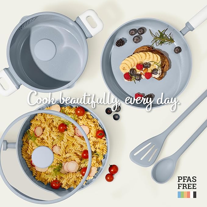 CAROTE Pots and Pans Set Nonstick, Ceramic Cookware Set, Blue Cooking Set Kitchen Induction Set with Steamer, PFAS PTFE Free,9 Piece