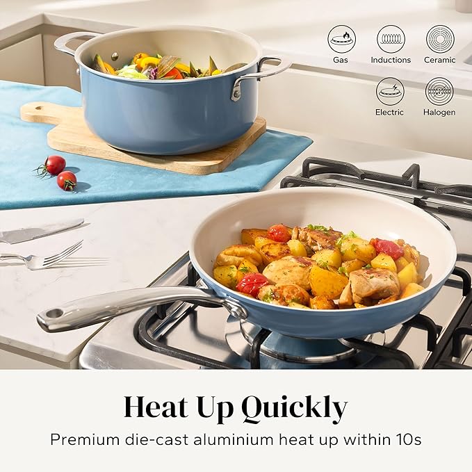 Redchef Ceramic Nonstick Cookware Set,14pcs Pots and Pans Set Non Stick,Induction Cookware with Stainless Steel Handle,Non Toxic Kitchen Cooking Set,Dishwasher & Oven Safe,PFAS PFOA & PTFE Free（Blue）