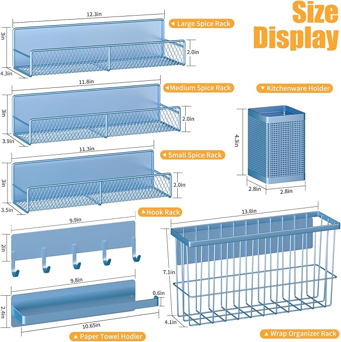 Magnetic Spice Rack for Refrigerator, 7 Pack Metal Magnetic Shelf, Moveable Magnetic Storage Fridge Organizer, Spice Organizer, Hook Rack, Paper Towel Holder, Utensils and Cutting Board Holder, Blue