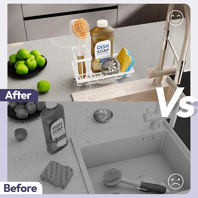 SWTYMIKI Sink Caddy Sponge Holder - Kitchen Sink Organizer with High Brush Holder for Countertop to Hold Dish Soaps and Sponges, Stainless Steel, White