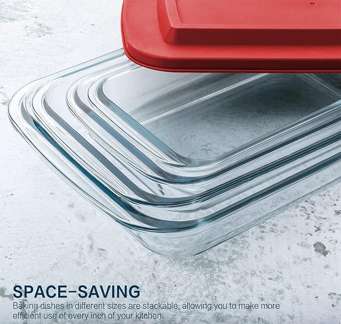 8-Piece Deep Glass Baking Dish Set with Plastic lids,Rectangular Glass Bakeware Set with Lids, Baking Pans for Lasagna, Leftovers, Cooking, Kitchen, Freezer-to-Oven and Dishwasher, Red