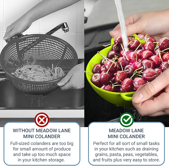 Meadow Lane 6-inch Small Colander, BPA-Free, Dishwasher Safe, Double Handles, Compact Food Strainer for Berries, Veggies and Pasta, 3-Cup Capacity, Green and White, 2-Pack
