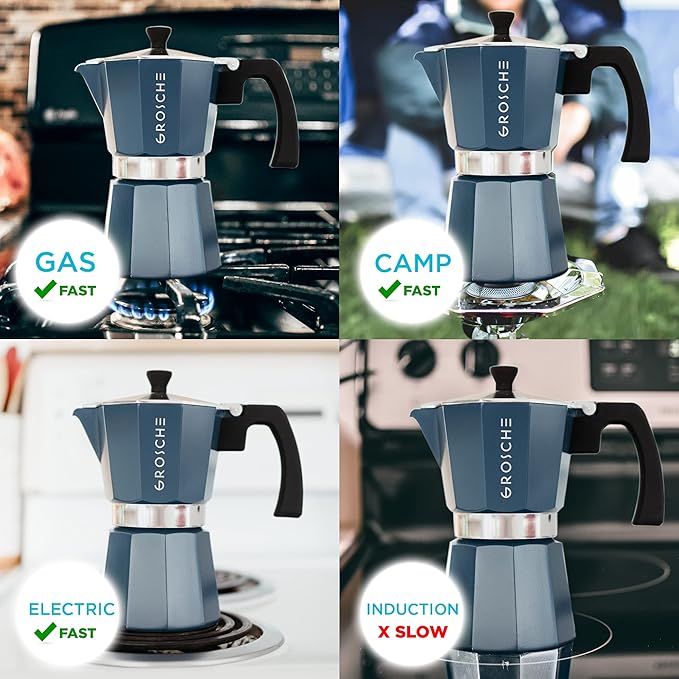 GROSCHE Milano Stovetop Espresso Maker Moka Pot 9 Espresso Cup, 15.2 oz, Blue. Stove top Coffee Maker Moka Italian Espresso greca Coffee Maker Brewer Percolator