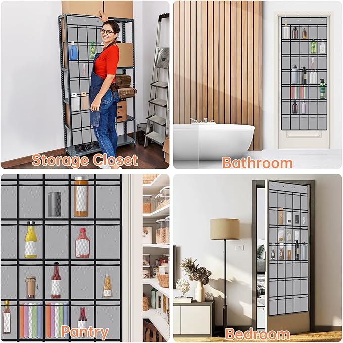 NiHome Multi-Functional 35 Pockets Door Hanging Organizer for Stanley Tumbler in Kitchen, Pantry, Bathroom, Large Capacity Elastic Mesh Secure Storage Water Bottle Cup Holder, Foldable for Home (Gray)