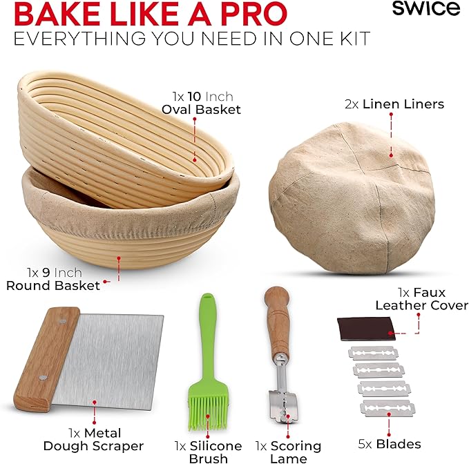 Swice Bread Proofing Basket Set, 9-Inch Round & 10-Inch Oval Banneton Sourdough Starter Kit with Lame, Dough Scraper, Linen Liner, and Basting Brush, Complete Bread Making Supplies and Tools