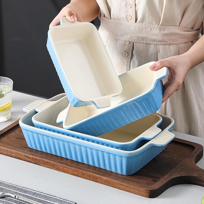 MALACASA Casserole Dishes for Oven, Porcelain Baking Dishes, Ceramic Bakeware Sets of 4, Rectangular Lasagna Pans Deep with Handles for Baking Kitchen, Blue (9.4"/11.1"/12.2"/14.7"), Series BAKE.BAKE