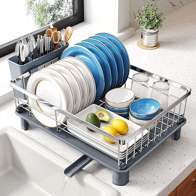 SNTD Dish Drying Rack - Small Dish Rack for Kitchen Counter, Stainless Steel Dish Drainer with Utensil Holder and Drainboard, 11" W x 15" L (Silver)