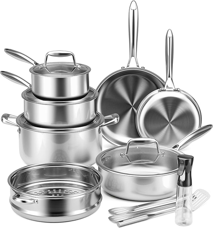 Stainless Steel Cookware Set - VONIKI Tri-ply Stainless Pots And Pans Set with Steamer Basket, Non Toxic Induction Cookware, Kitchen Cookware Sets PFOA & PTFE Free, Dishwasher and Oven Safe