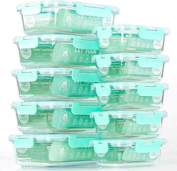 C CREST [10-Pack] Glass Food Storage Containers with Lids, Airtight, BPA Free, Meal Prep Containers for Kitchen, Home Use