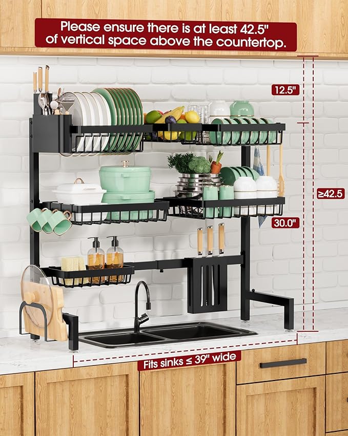 Sakugi Dish Drying Rack - Over The Sink Dish Drainer Drying Rack with Utensil & Knife Holder, Hooks, Stainless Steel Kitchen Organizers and Storage Solution, 11.8" D x 31.5"~39.0''W x 30" H, Black