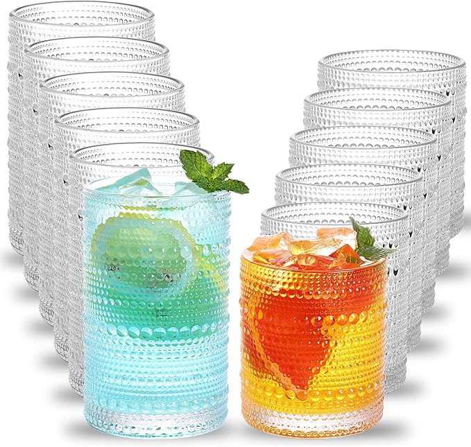 Moretoes Hobnail Drinking Glasses Set of 12, 12 Oz Highball Glasses & 10 Oz Cocktail Glasses, Clear Embossed Boho Glass Cups Kitchen Bar Tumbler Glassware Set for Whiskey, Beer, Juice, Milk