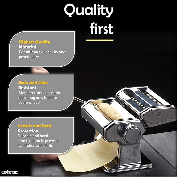 GOURMEX Pasta Maker Machine Stainless Steel Manual | With Adjustable Thickness Settings | Perfect for Homemade Spaghetti Fettuccini Noodles and Lasagna | Includes Removable Handle and Clamp (Silver)