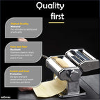 GOURMEX Pasta Maker Machine Stainless Steel Manual | With Adjustable Thickness Settings | Perfect for Homemade Spaghetti Fettuccini Noodles and Lasagna | Includes Removable Handle and Clamp (Silver)