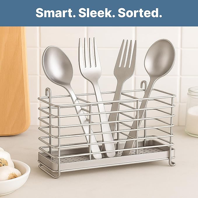 KESOL 304 Stainless Steel Utensil Drying Rack with Hooks & 3 Divided Compartments, Silverware Drying Basket, Spoon and Fork Organizer, Rustproof Kitchen Drainage Basket Accessories, Silver, 2x8.7x5