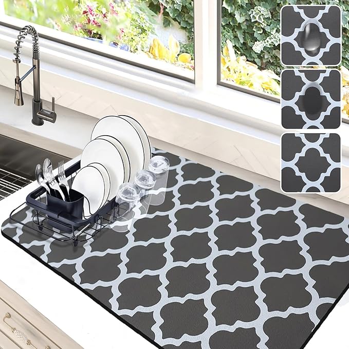 Dish Drying Mat for Kitchen Counter, 16"x24" Dish Drying Pad with Non-slip Rubber Backed, Hide Stain Anti Absorbent for Kitchen Counter, Drying Mat for Coffee Machine Dish Rack (Gray Trellis)