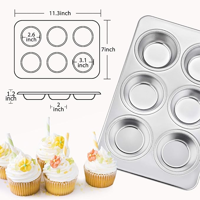 TeamFar 2 Packs Muffin Pan, Stainless Steel Muffin Cupcake Pan Tin Tray for Baking, for Mini Cakes/Tarts/Quiche, Healthy & Sturdy, Oven & Dishwasher Safe (6-Cup)