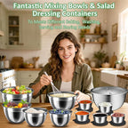 Mixing Bowls with Lids Set, 27Pcs Stainless Steel Nesting Mixing Bowls Set for Kitchen Cooking & Storage, Metal Salad Bowls with Colander, Strainer, Grater & Dressing Containers, Kitchen Gadgets Black