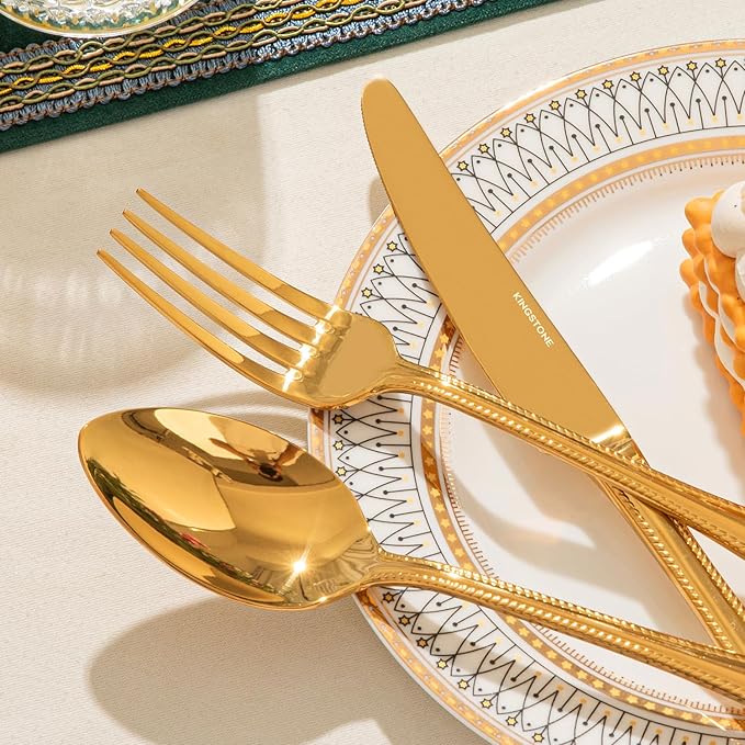 KINGSTONE Gold Silverware Set, 20-piece 18/10 Stainless Steel Flatware Set Cutlery Set for 4, for Kitchen, Home, Wedding, Party, Mirror Polished and Dishwasher Safe, Featured Gifts