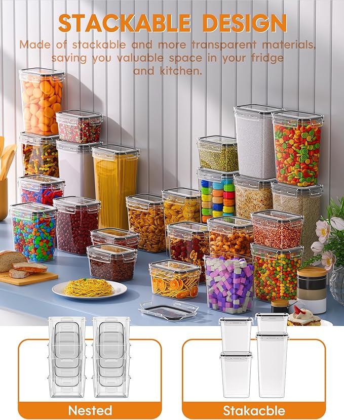 Airtight Food Storage Containers with Lids, 24 PCS Kitchen and Pantry Organization Canisters, BPA-Free, PVC-Free, Food-grade Plastic Leak-proof Jars for Cereal, Flour, Sugar, Extra 24 Labels & Marker