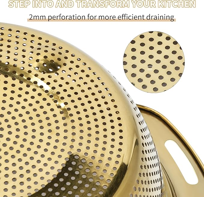 Colander 304 Stainless Steel 4-quart with Mixing Bowls, Strainer for Kitchen Food For washing vegetables, fruit, rice, Dishwasher Safe. (Gold 2PC)