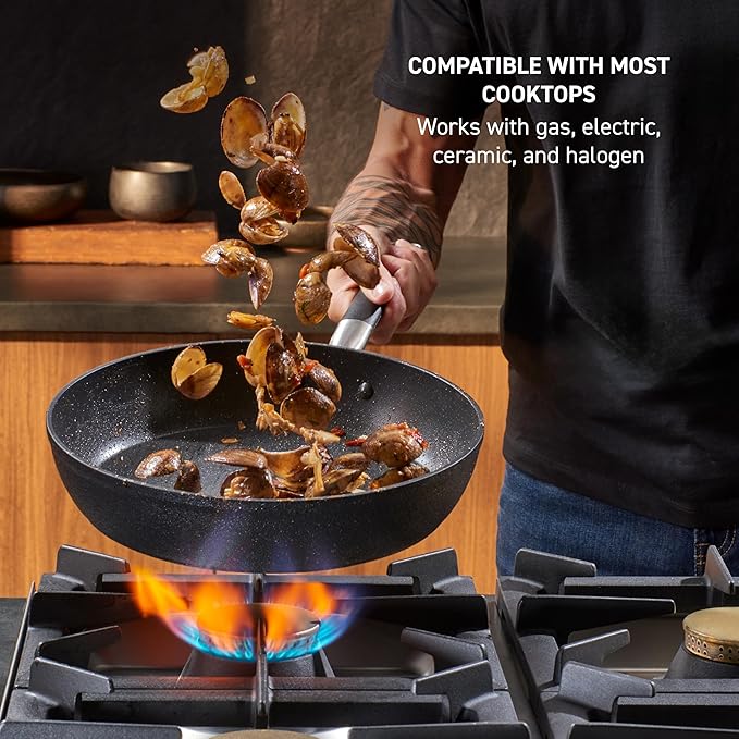 T-Fal Stone Force Platinum Non Stick Jumbo Cooker w/Lid & Helper Handle 5 Quart, Oven Broiler Safe 400°F, Long-lasting Durability, Heat Indicator, Saute Pan, Deep Fry Pan, Skillet, Pots, Pans, Black