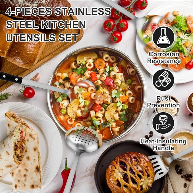 Pleafind 4-Pcs Cooking Utensils Set, Stainless Steel Kitchen Utensils, Mirror Polished Kitchen Essentials Set Include Wok Ladle, Slotted Spoon, Wok Spatula ＆Slotted Spatula, Dishwasher Safe