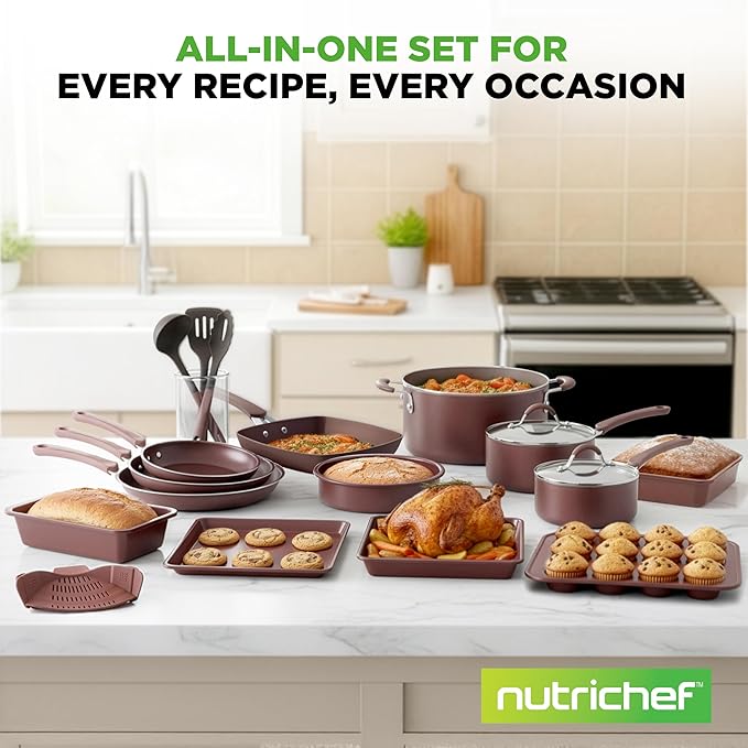 NutriChef 20 Piece Professional Home Kitchen Cookware and Bakeware, Pots and Pans Set Non Stick Kitchenware, Cool-Touch Handles, Safe for Gas, Electric, Induction Cooktops, Easy Clean, Brown