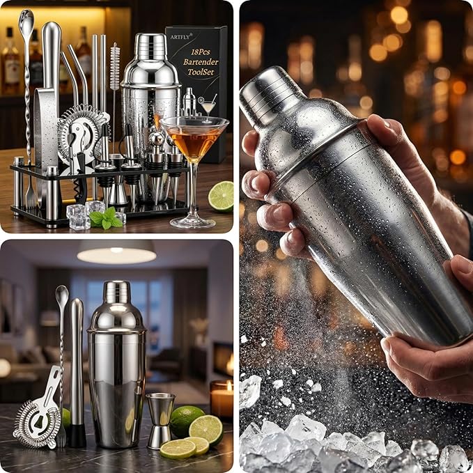 Cocktail Shaker Set, 18-Piece Bartender Kit with Acrylic Stand, 18/8 Stainless Steel Bar Set with Martini Shaker, Jigger, Muddler & Recipe Book for Home Bar