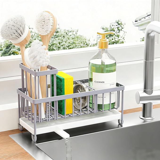 Cisily Sponge Holder for Kitchen Sink, Sink Caddy Organizer with High Brush Holder, Kitchen Countertop Organizers and Storage Essentials, Rustproof 304 Stainless Steel (Gray, 9.25″)