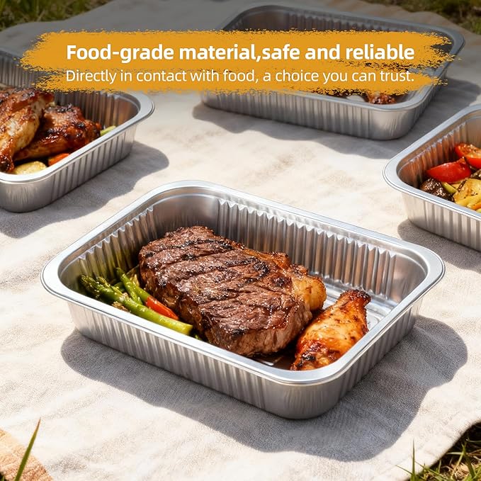 Aluminum Foil Pan with Lids, Heavy Duty Disposable Aluminum Baking Pans, 14.57"×10.63" Steam Table Pans for Cooking, Heating, Storing, Prepping Roasting and Chafing (5 Pack Silver w/Lids)