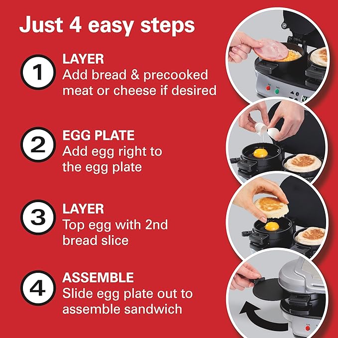 Hamilton Beach Dual Breakfast Sandwich Maker with Timer, Ready in 5 Minutes, Removable Dishwasher Safe PFAS-Free Non-Stick Egg Cooker Ring, Silver (25490MNA)