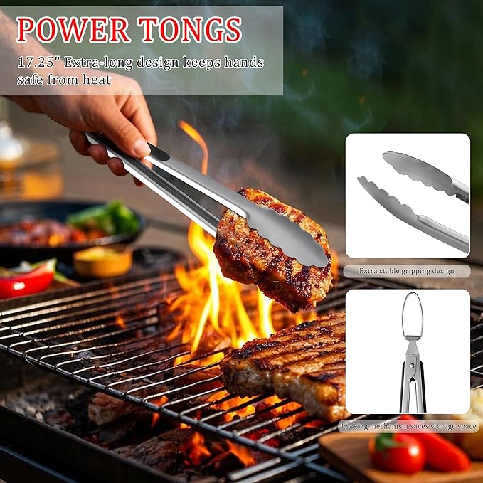 11-Piece Grill Tools Set, BBQ Grilling Accessories with Tongs & Spatua, Stainless Steel Portable Grill Tools Kit with Hooks & Apron Storage Bag for Camping, Grilling Gifts for Men Dad