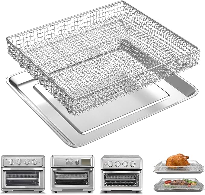 Air Fryer Basket Tray Replacement with Cuisinart TOA-60 TOA-65 TOA-70 air fryer toaster oven, 12.4 * 11''Steel Basket and Wire Rack Mesh Basket Accessories Parts, Dishwasher Safe