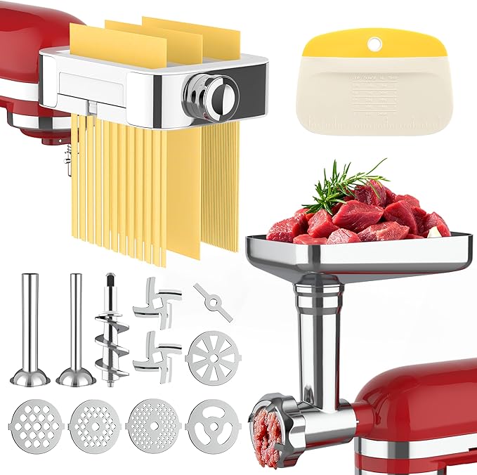 Jooke Meat Grinder Pasta Maker Attachment for Kitchenaid Stand Mixers,Set for Kitchenaid Mixer Attachments Includes Metal Food Grinder with Sausage Stuffer Tubes,3 in 1 Pasta Attachment,Dough Cutter