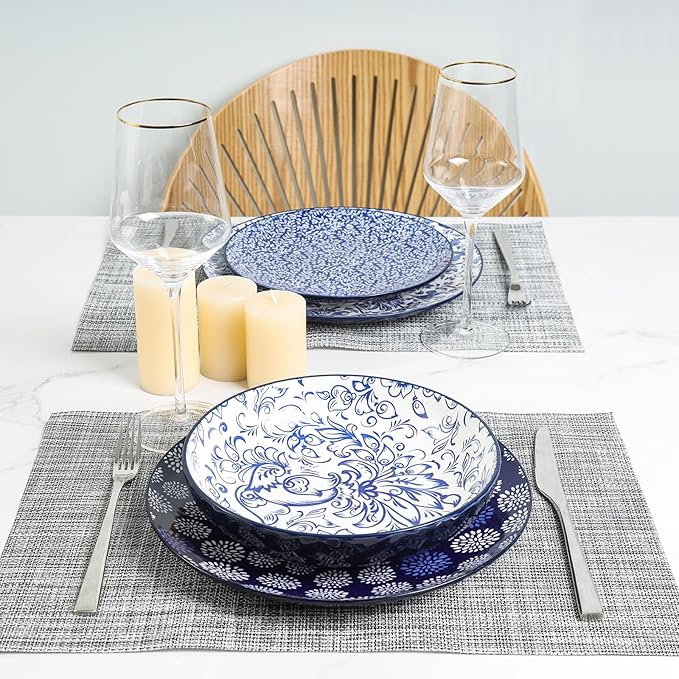 Selamica Dinnerware Sets 16 Piece, Ceramic Plates and Bowls Set, Embossed Dishes Set for 4, Housewarming, Dark Blue